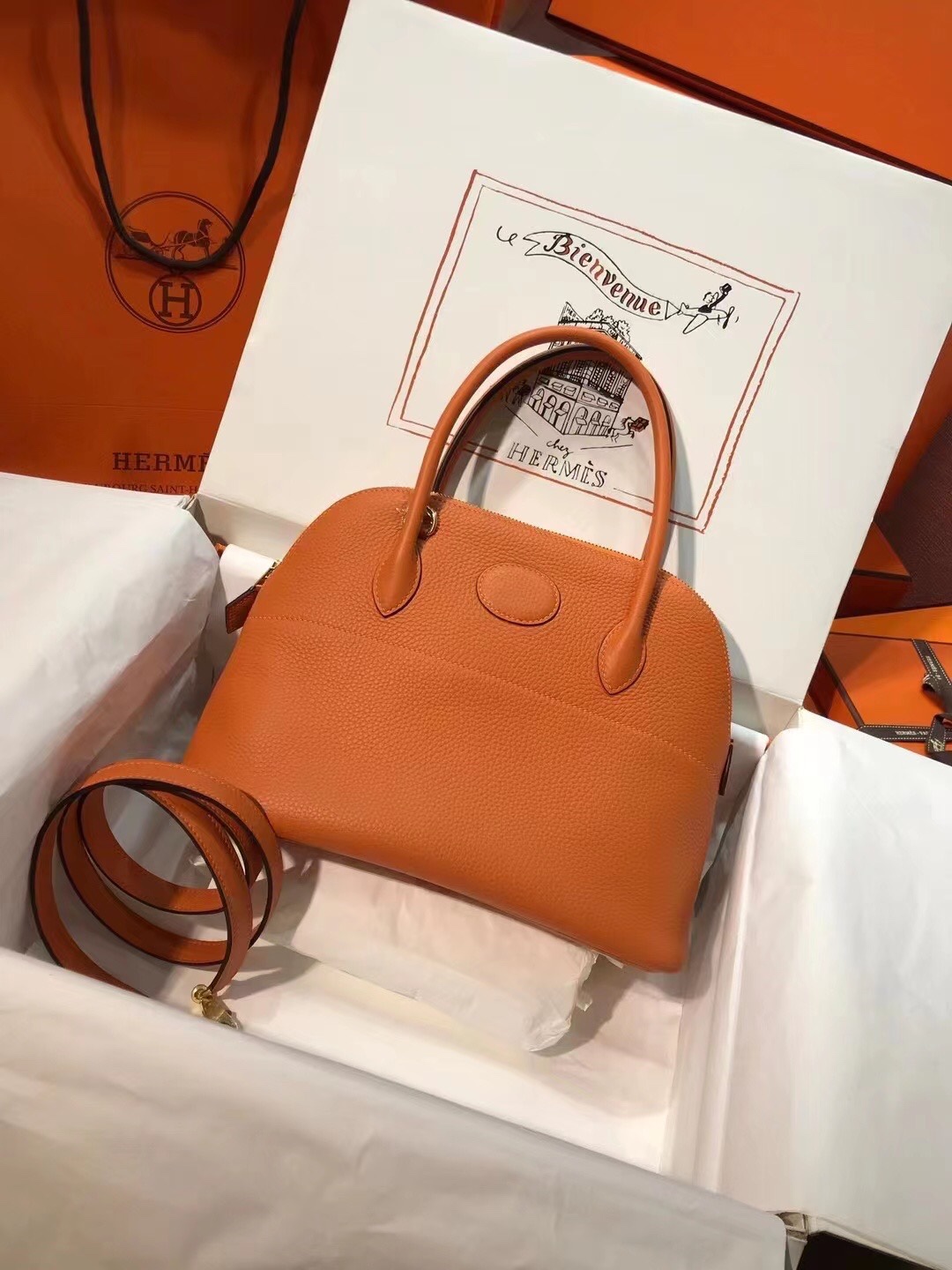 Hermes Bolide 27cm Handbag In Orange Clemence Leather